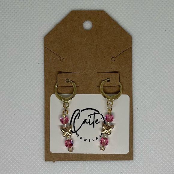 Handmade Gold Round Leverback Earrings with Butterfly and Pink Gemstone Beads - Picture 1 of 3